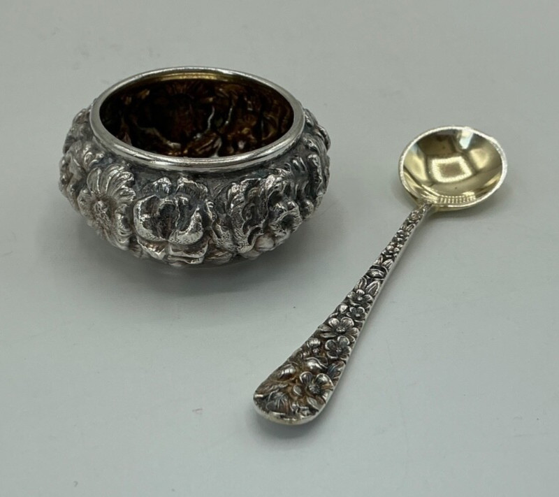 Antique Set Stieff Rose Sterling - Salt Cellar, Spoon and Pepper Shaker, 4 pc