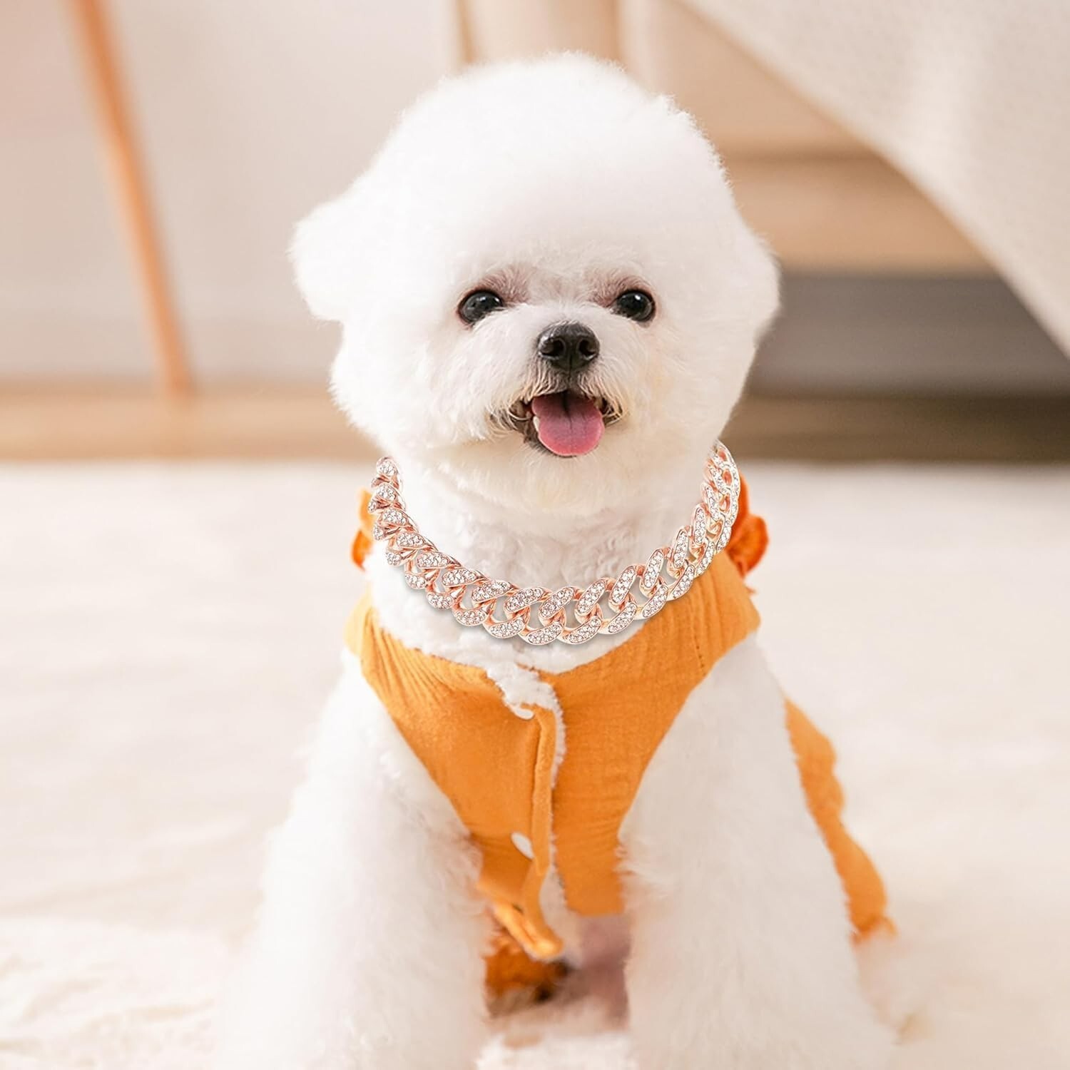 Rose Gold Bling Cuban Link Dog Collar Diamond Rhinestone Necklace Cat Kitten Pup