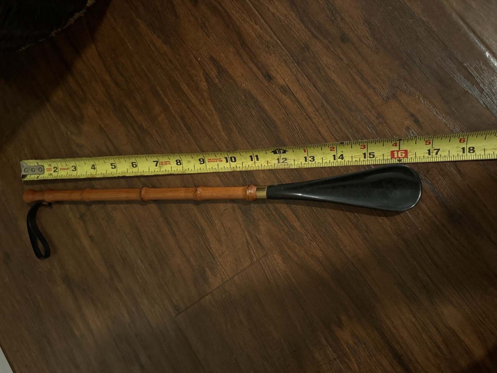 Vintage Bamboo Shoe Horn with Wooden Grip and Leather Strap, 16.5 Inch