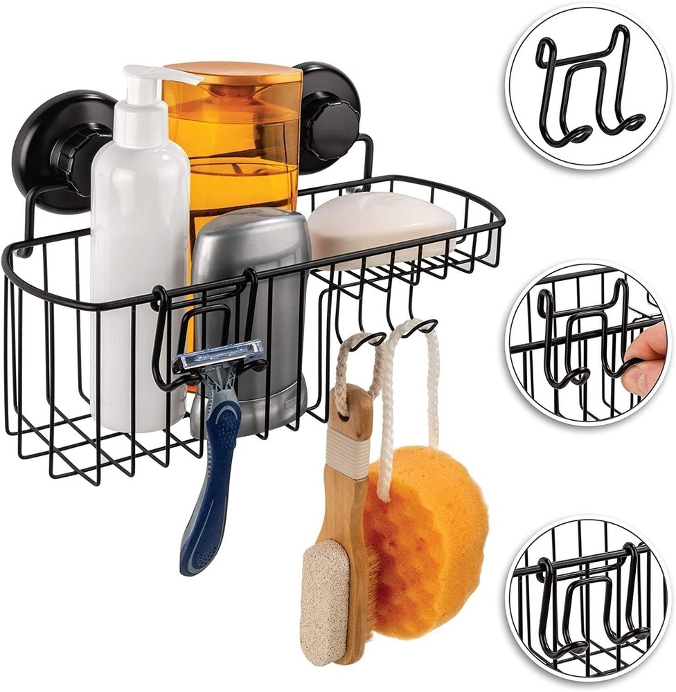 Space-Saving Black Shower Caddy with Suction Mount - Strong & Rustproof Design