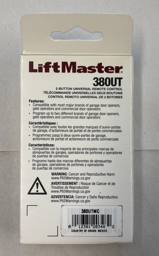 New! LIFTMASTER 380UT 2-BUTTON UNIVERSAL REMOTE TRANSMITTER