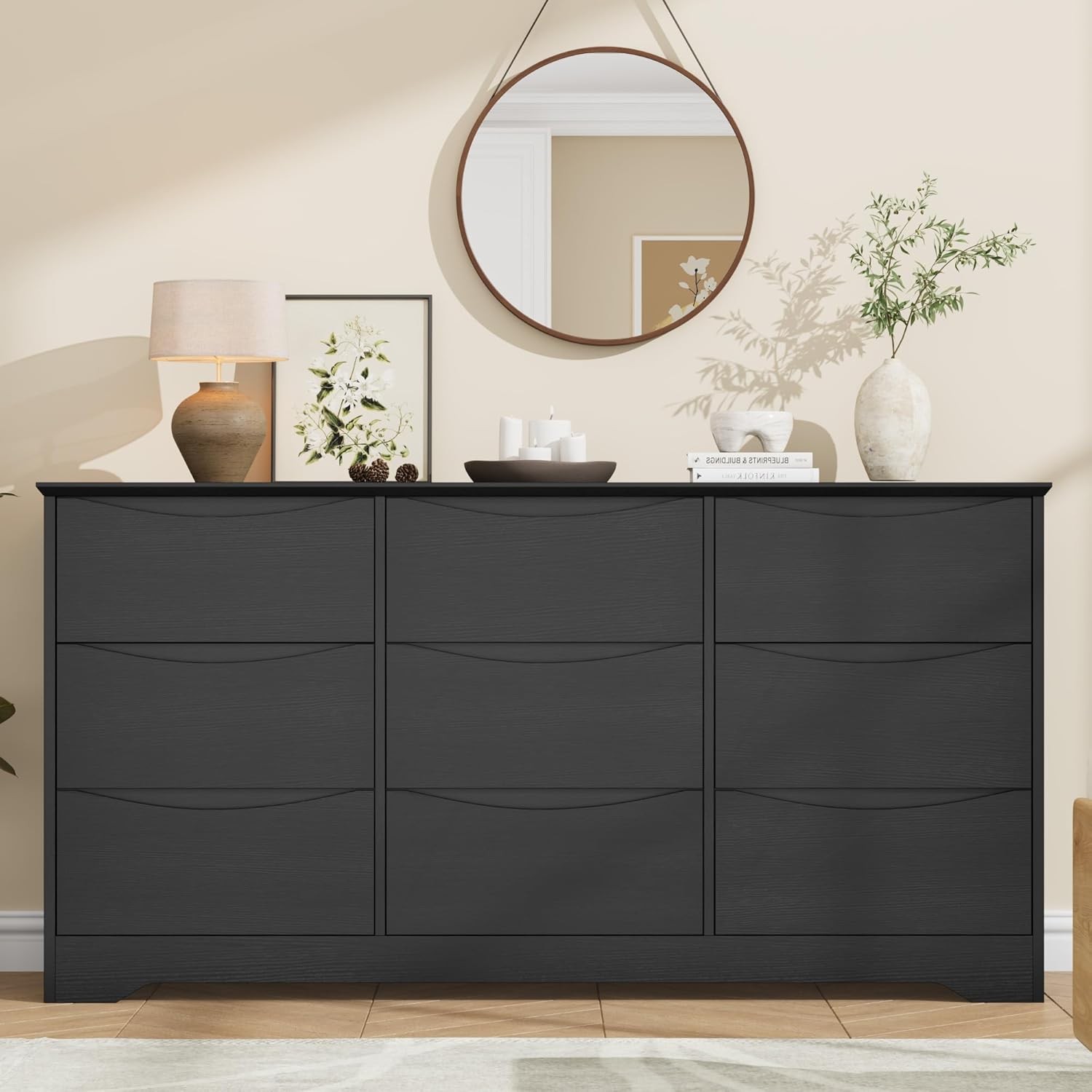 Wooden Dresser with 9 Drawers, Large Chest of Drawers with Wide Top for Bedroom