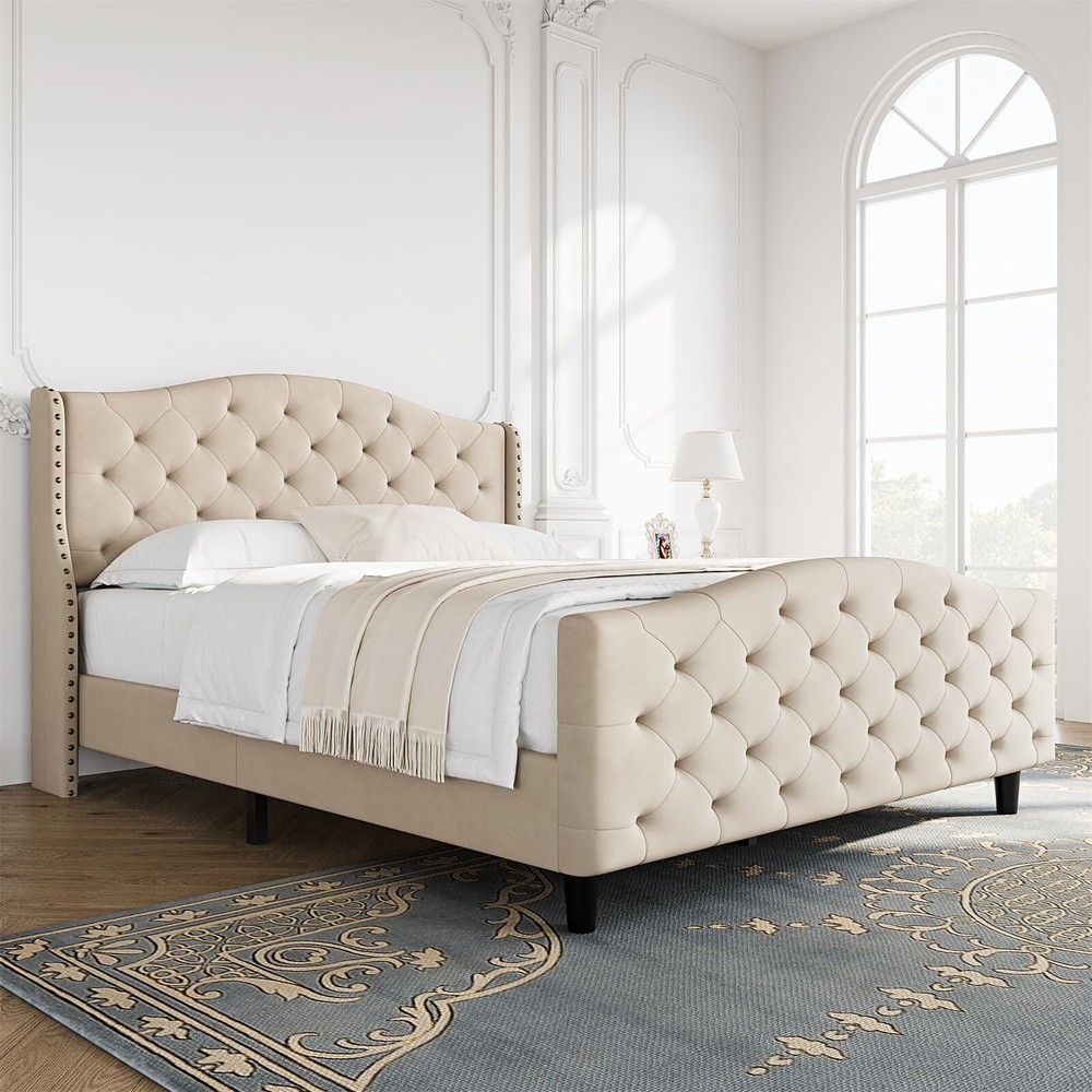 ⭐Bed Frame,Upholstered Bed Frame w/Headboard & Footboard, Modern Button Tufted