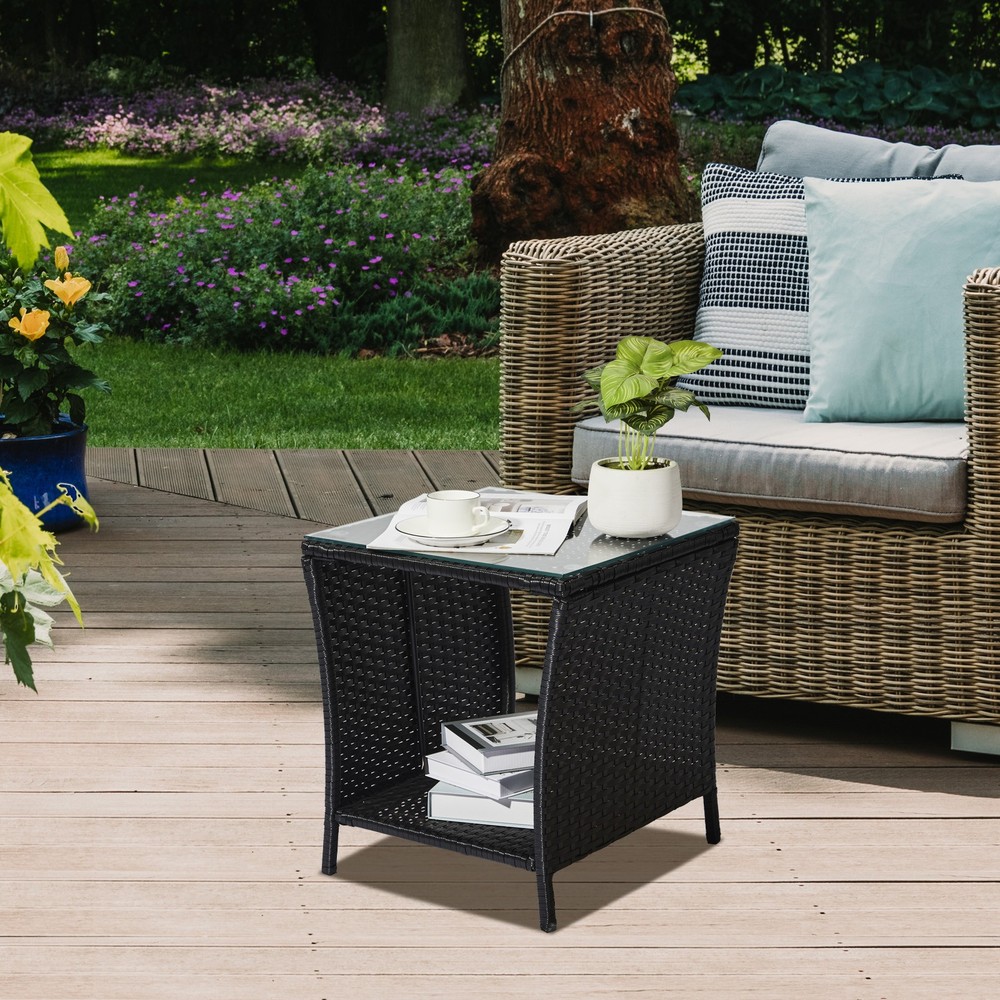 Outdoor Patio Wicker Side Table, Square End Table Bistro Coffee Table