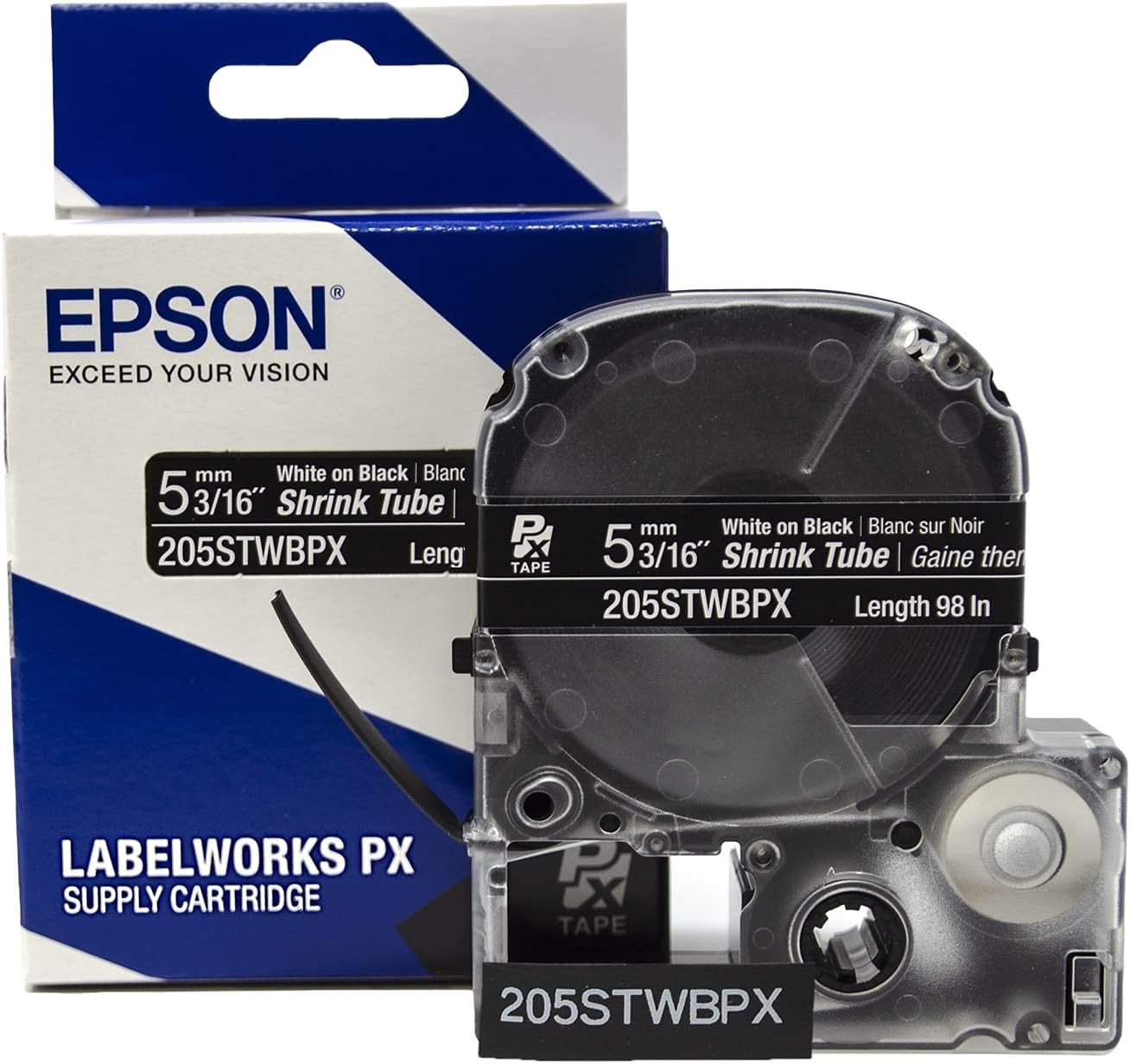 Epson LABELWORKS 205STWBPX White on Black Shrink Tube 3/16" (5mm) - 205STWBPX