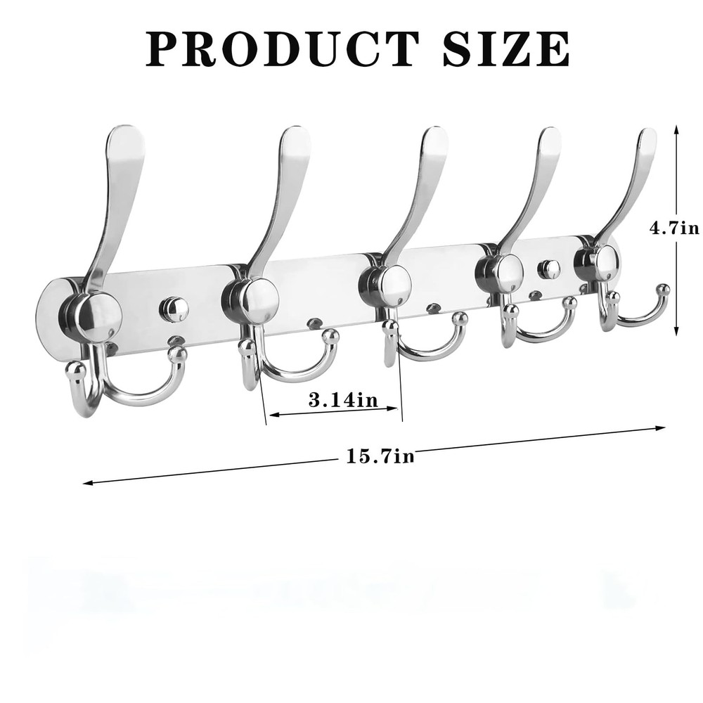 2-Pack Coat Rack Wall Mounted – Space-Saving Wall Clothes Rack, 5 Tri Hooks, ...