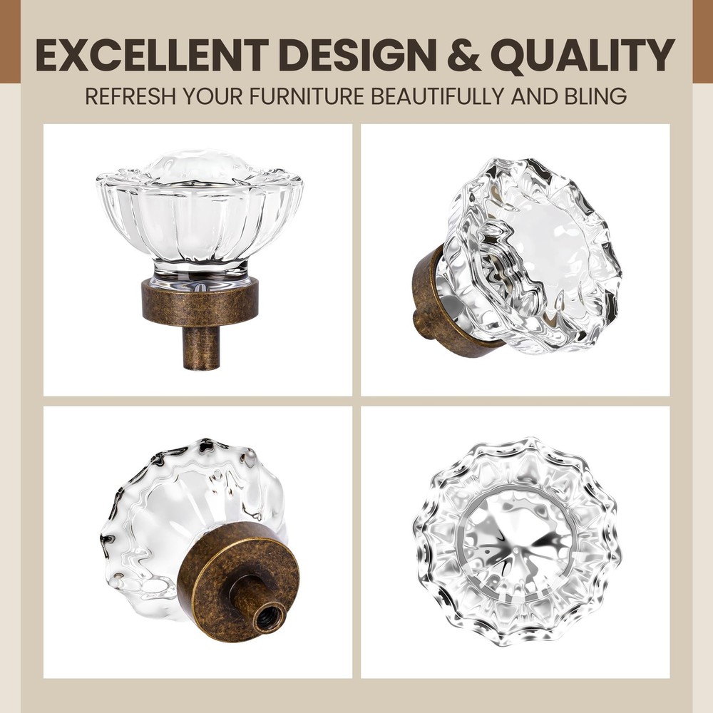 4 Pack Crystal Glass Cabinet Knobs, Vintage Antique Brass Drawer Knobs Aged B...