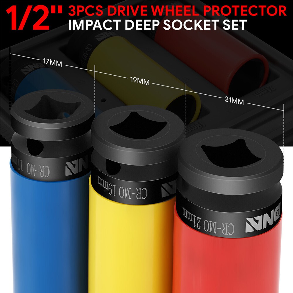 3Pcs 1/2" Drive Deep Impact Wheel Protector Lug Nut Bolt Socket Set w/Carry Case