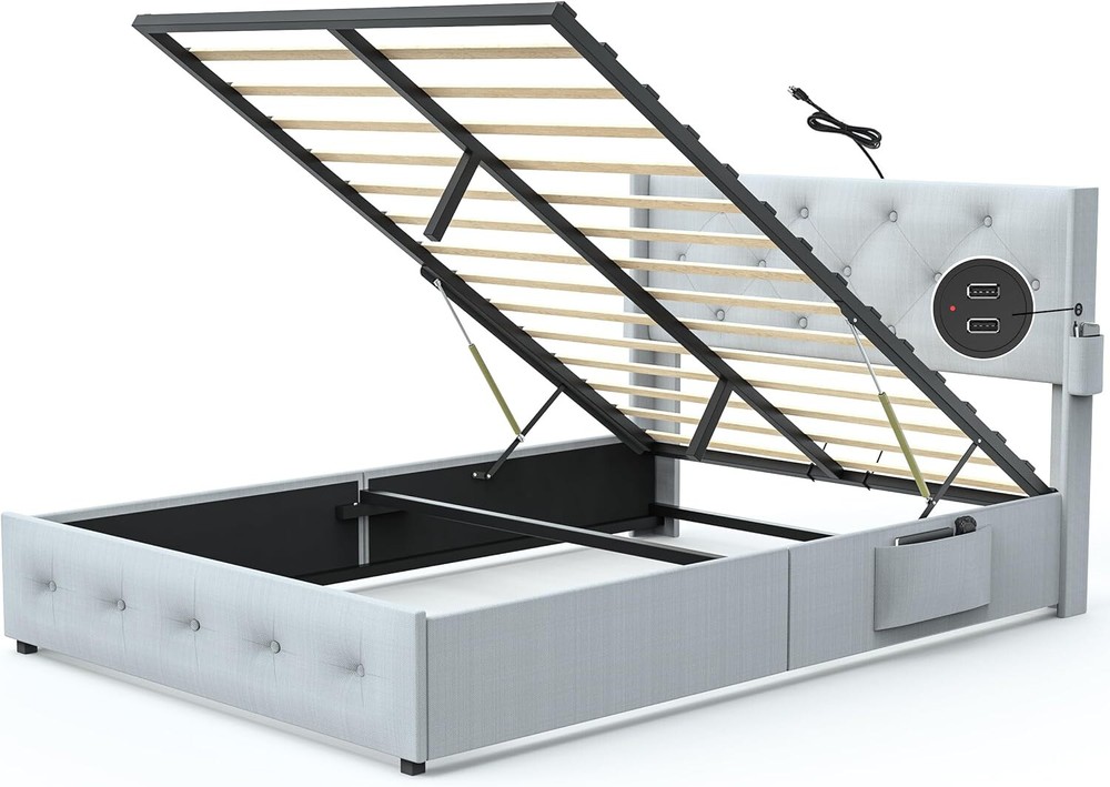 Full Size Bed Frame Upholstered Platform Bed Frame with Headboard & USB Port US