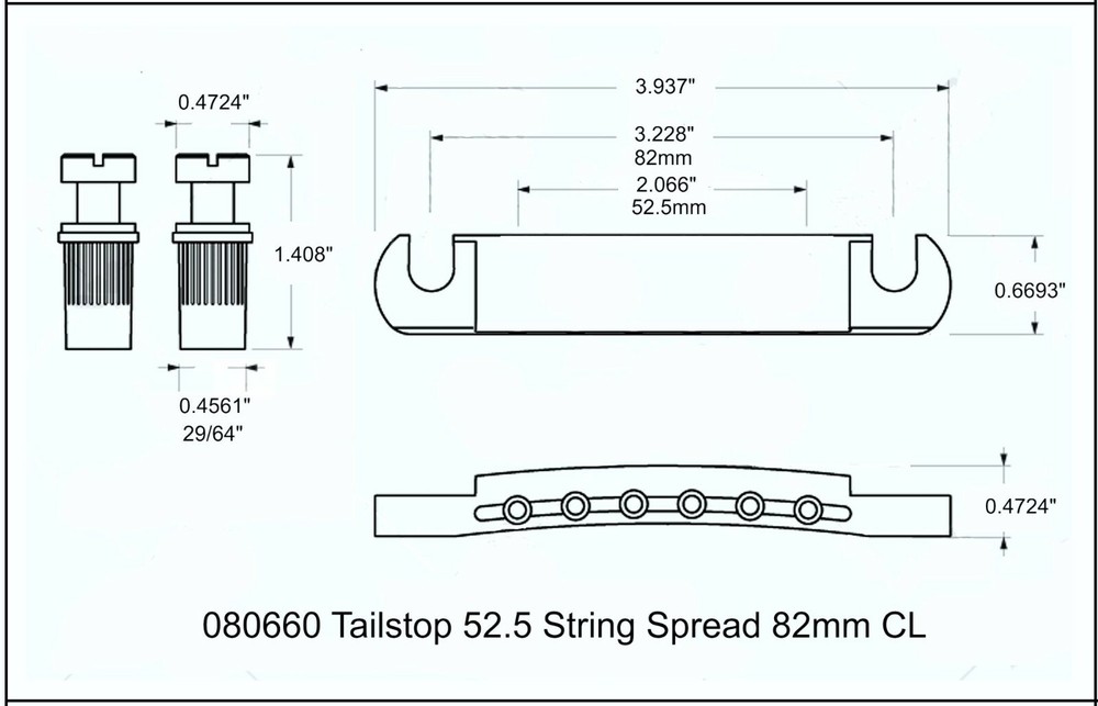 Guitar Tailstop with posts 52.5 mm string spread black 080660BK