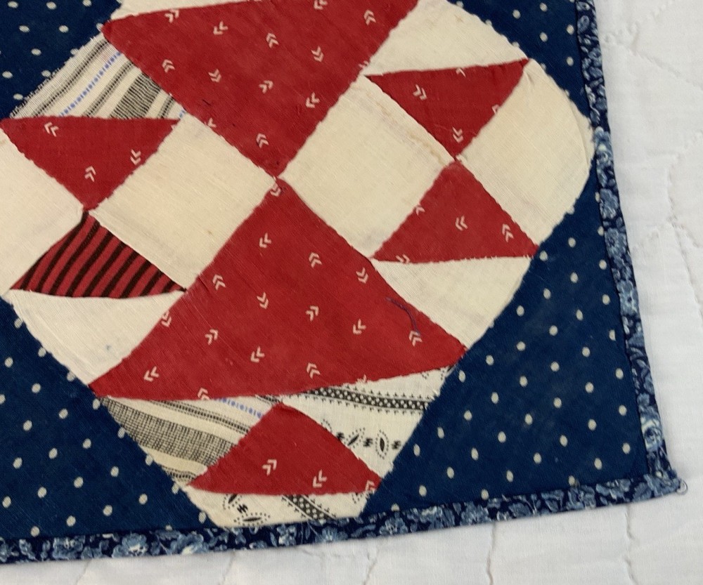 Antique Vintage Patchwork Quilt Table Topper, Four Patch W/ Triangles, Red, Navy