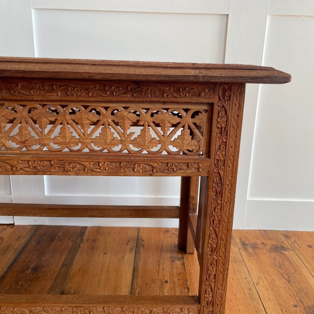 Indian Carved Folding Table Rectangular Coffee Table Inlaid Floral Pattern