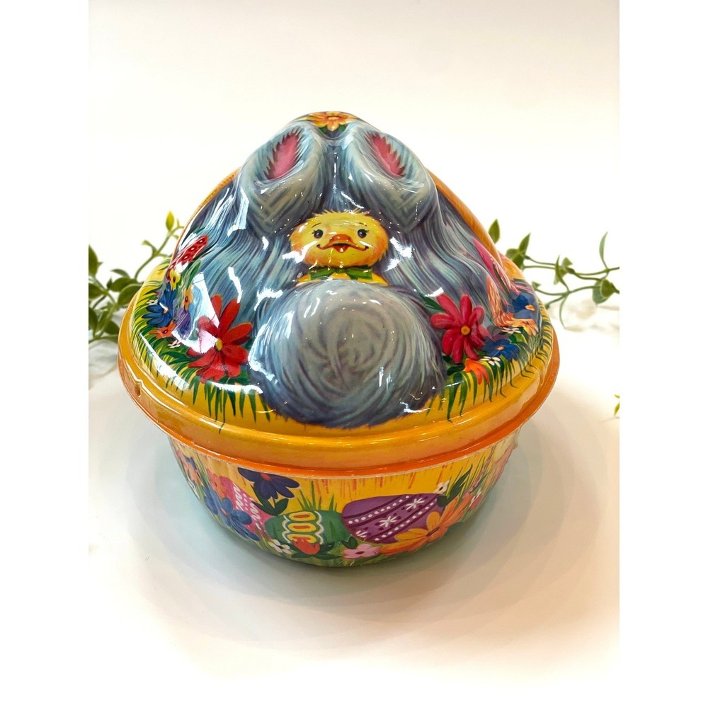 Vintage Kitsch Easter Bunny Basket: Plastic Egg Rabbit Spring Decor