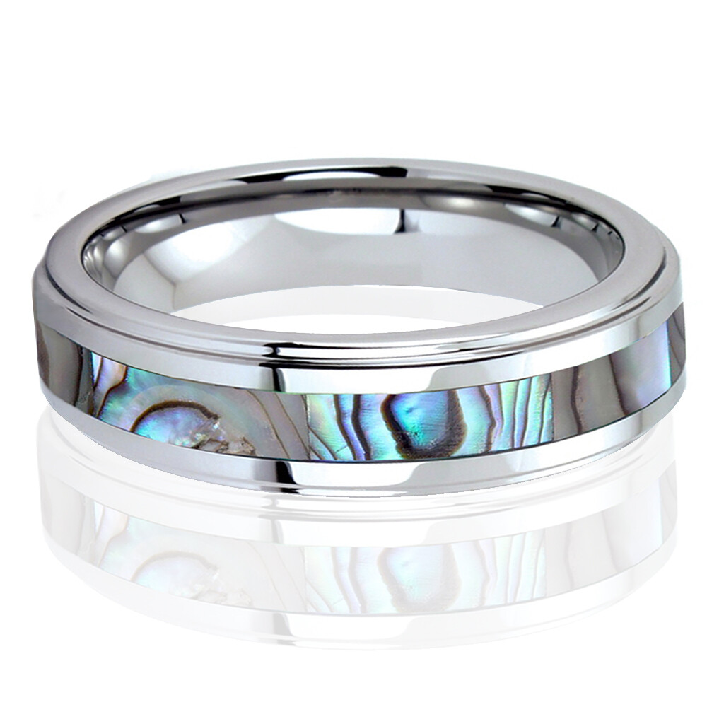 His Hers Tungsten Carbide Men Silver Wedding Band Promise Ring Abalone Shell SET