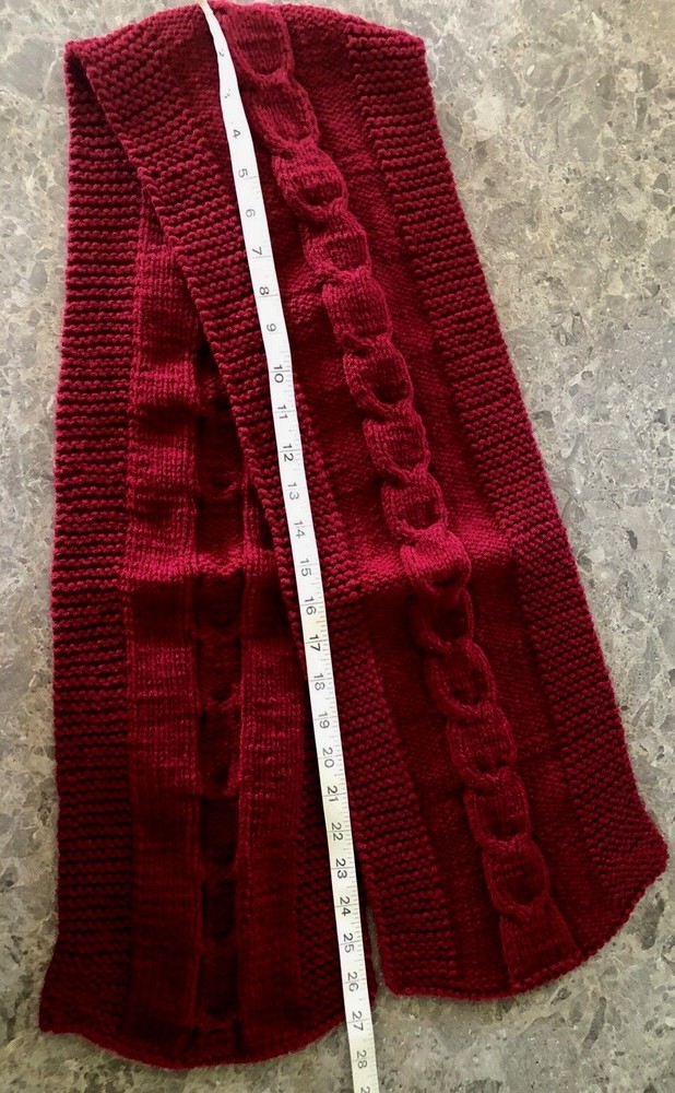 Hand Knitted Red Scarf Shawl Cable Pattern Wool Blend