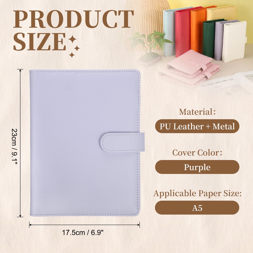 A5 PU Leather Binder Protector, 6 Ring Loose Leaf Notebook Shell, Purple