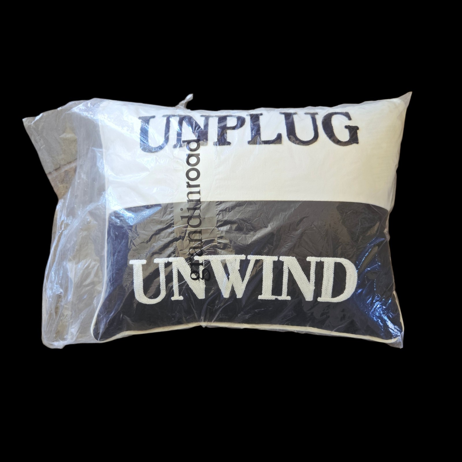 Grandin Road Unplug Unwind Pillow 14 x 18 Word Art Embroidered Accent Pillow NEW