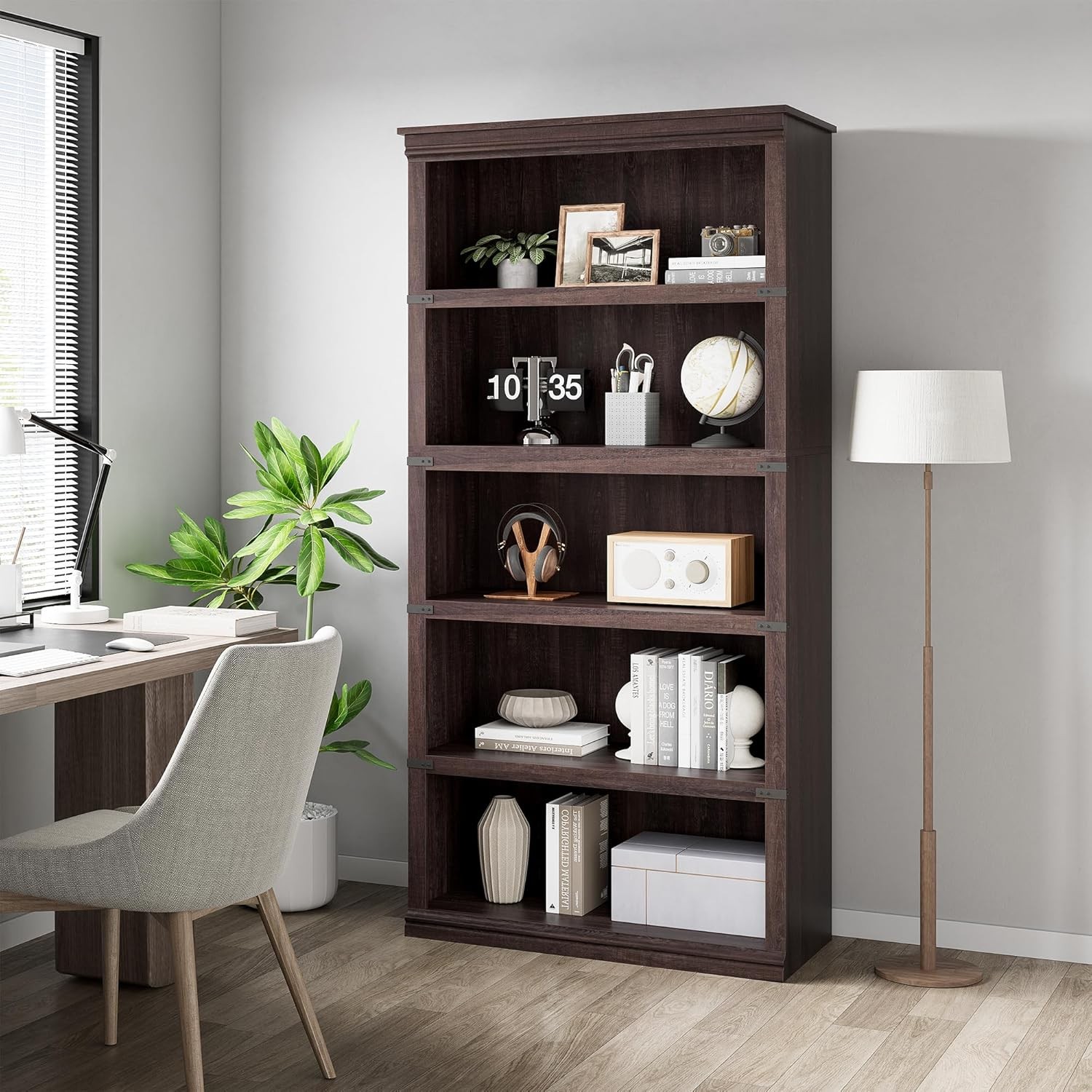 Cherry 5-Tier Wooden Bookcase with Open Display Shelves for Home Office