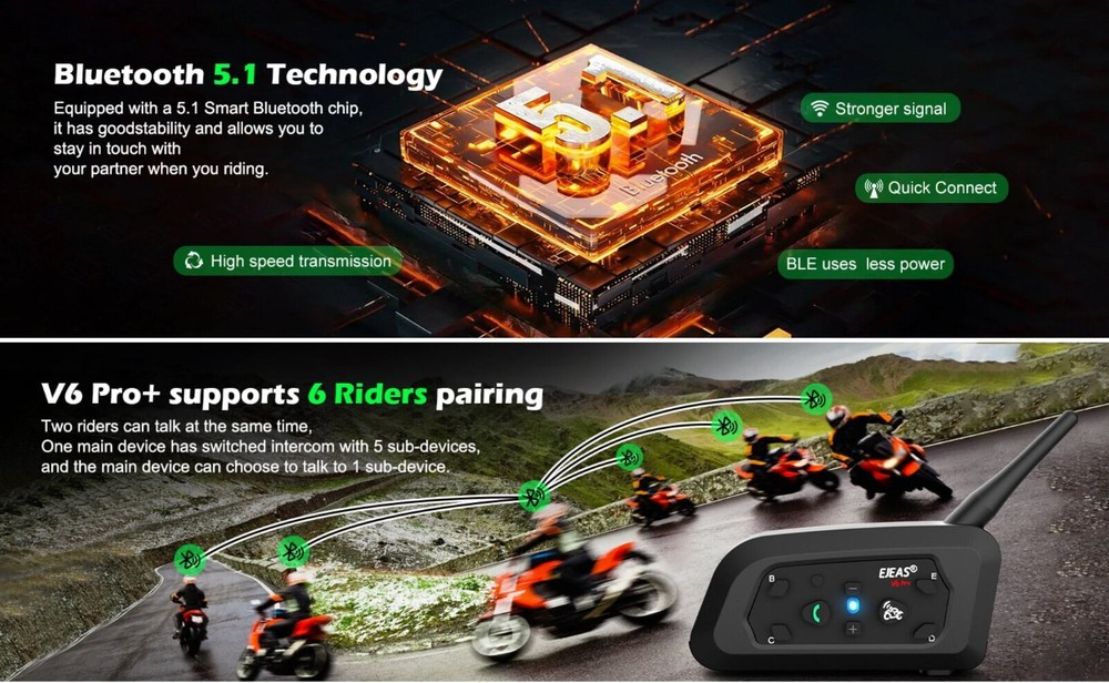2PC EJEAS V6 Pro+ Motorcycle Intercom Helmet Bluetooth Headset 6 Riders