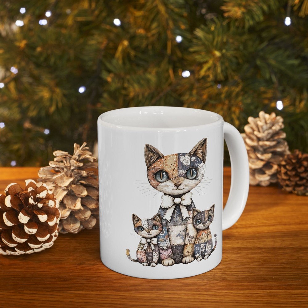 Patchwork Cat Mug Cat Patchwork Art Gift Cute Coffee Cup for Women
