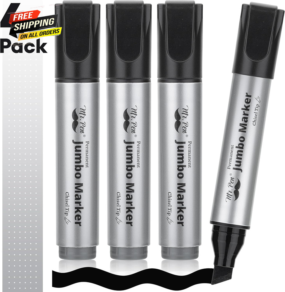 Jumbo Permanent Markers, 4 Pack, Chisel Tip, Black, Thick, Large, Wide Tip 👌