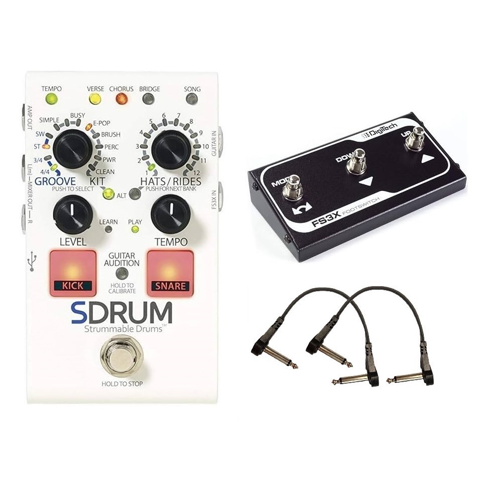 Digitech SDRUM Strummable Drum Pedal + DigiTech FS3X Footswitch & 2 Patch Cables