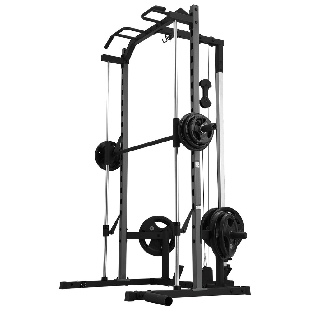 Power Cage Smith Machine Multi-Function Power Rack w/ LAT Pulldown & Barbell Bar