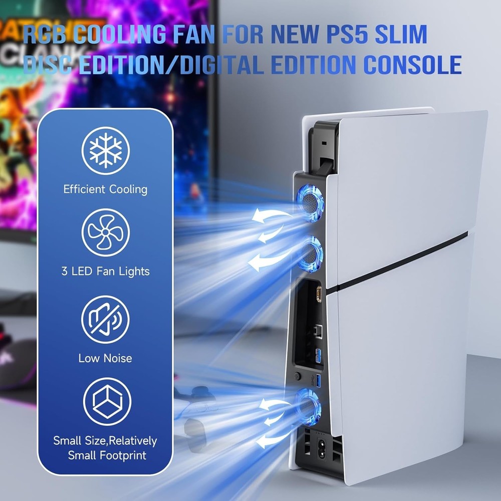 Whisper-Quiet PS5 Slim Cooling System with Enhanced Airflow & LED Indicator