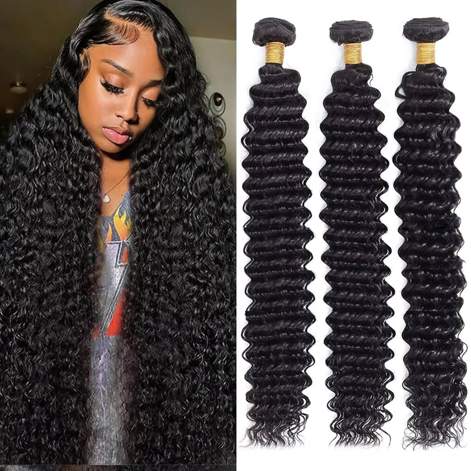 Deep Wave Brazilian Human Hair Bundles Natural Color Unprocessed Weave 30-40 Inc