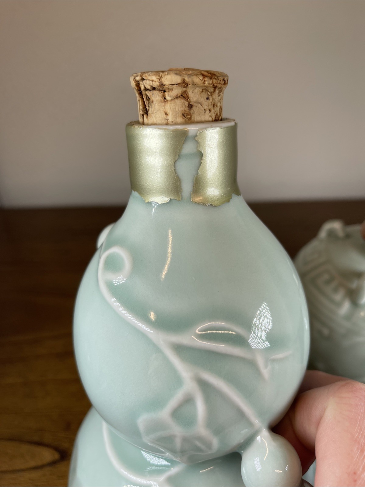 (2) Vtg Rice Wine Gourd Shaped Ceramic Pottery Bottles Empty Celadon Glaze