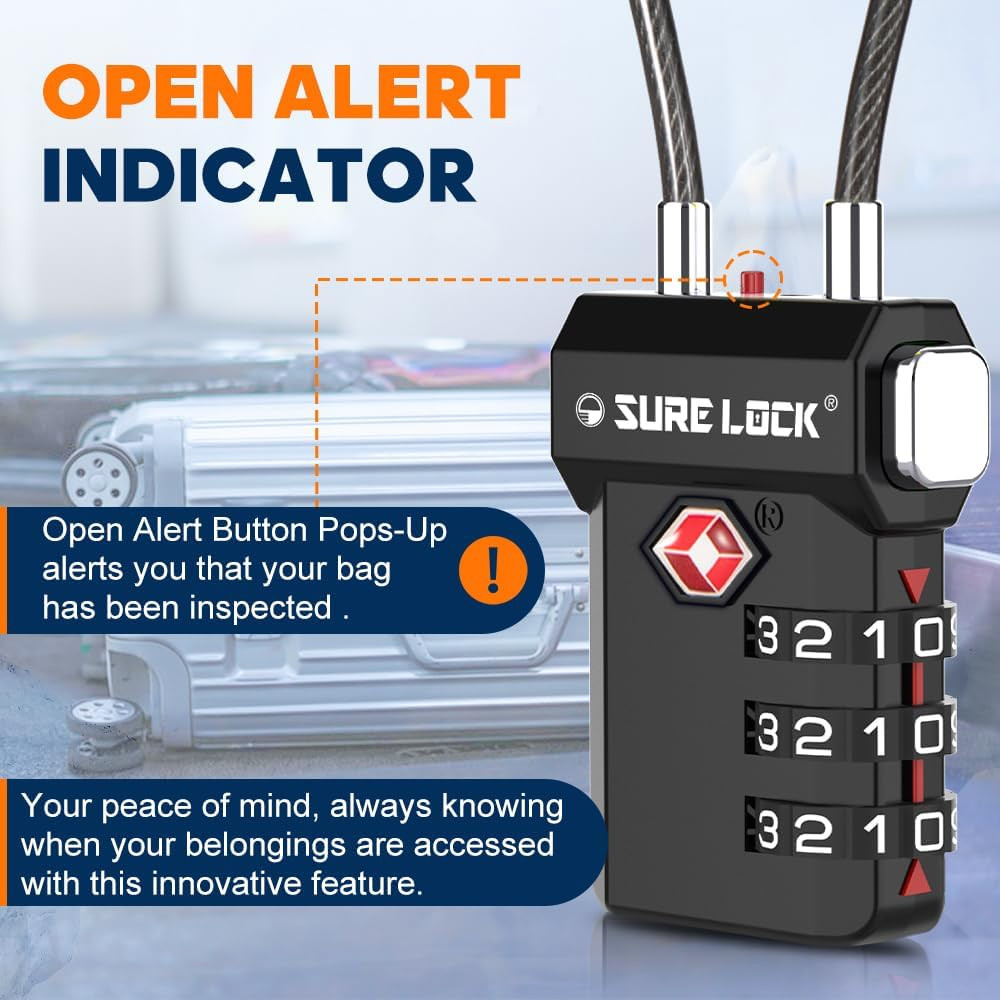 TSA Approved Luggage Locks – 3-Digit Combination Cable Lock with Red Indicator,
