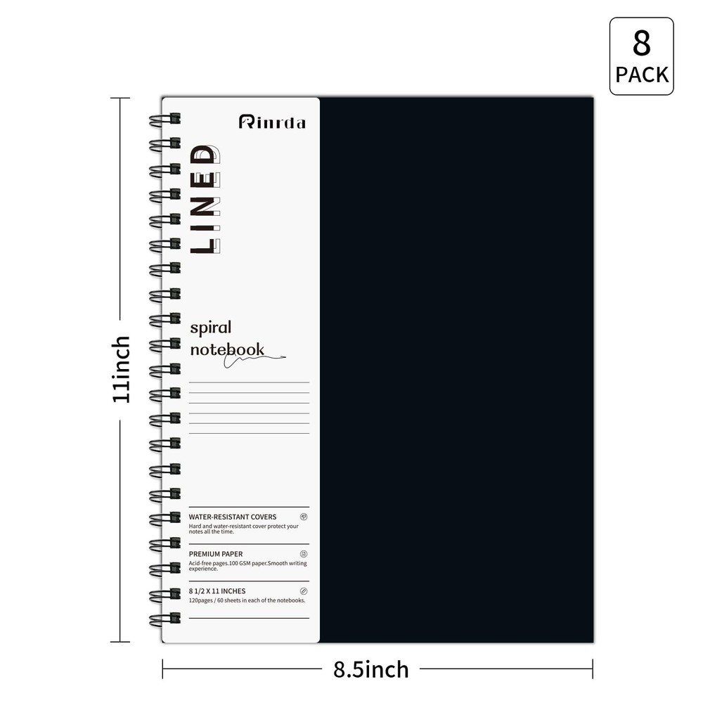 Large Lined Notebook Spiral Notebook 8.5" x 11" 8 Pack LINED Notebook 7mm Rul...