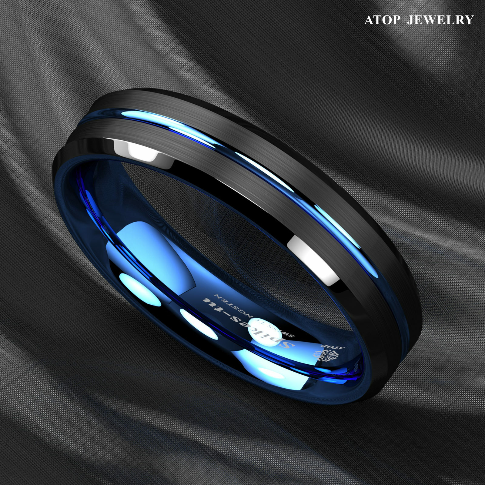 8/6mm Tungsten Men's Ring Thin Blue Line-Inside Black Brushed Band ATOP Jewelry