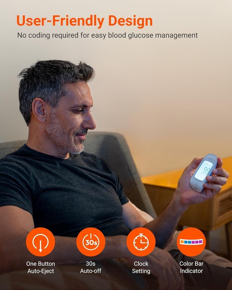 Glucose Meter Kit: 100 Strips, 100 Lancets, No Coding, 5s Results, 500 Memory