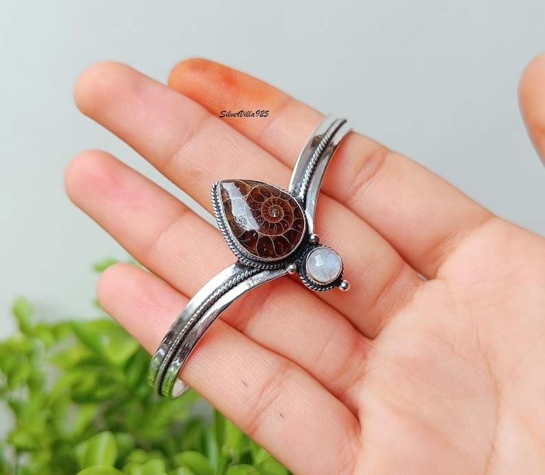Ammonite Fossil Moonstone Solid 925 Sterling Silver Adjustable Cuff Bangle M1855
