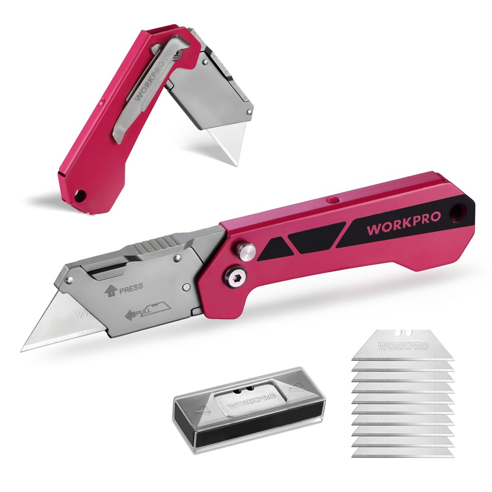 WORKPRO Pocket Folding Utility Knife Box Cutter Quick Open Axis Lock 10PCS Blade