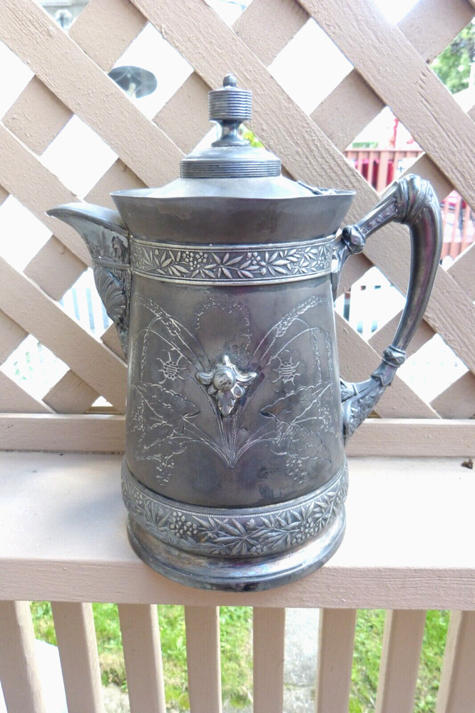 1868 #27 MERIDEN B CO VICTORIAN ORNATE SILVERPLATE WATER PITCHER ENAMEL LINED