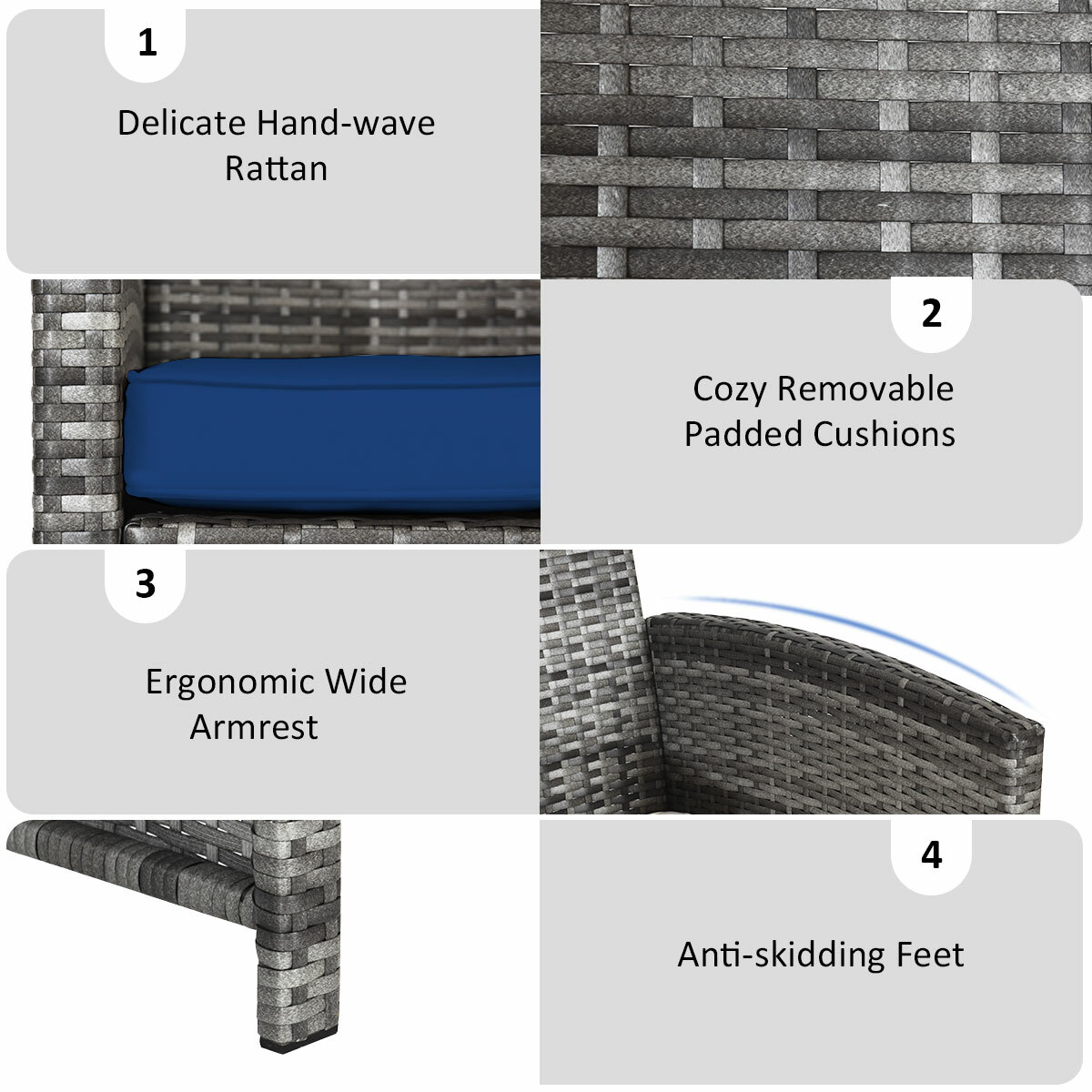 4PCS Patio Rattan Furniture Set Conversation Glass Table Top Sofa Cushioned Navy