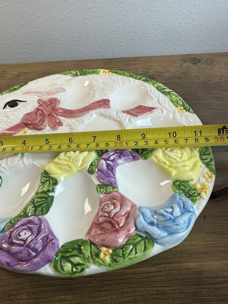 Vintage Ceramic Bunny Deviled Egg Plate Floral Easter Rabbit Platter