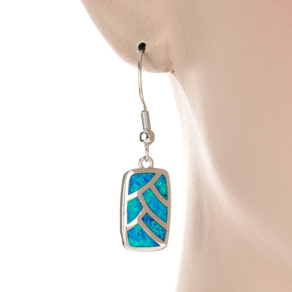 Rectangle Shape Ocean Blue Fire Opal Silver Jewelry Dangle Drop Earrings