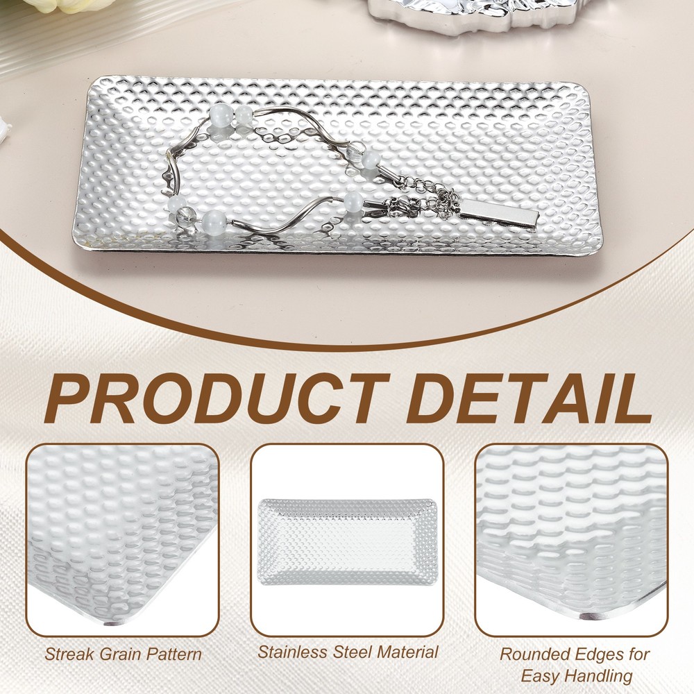 Decorative Tray, Glossy Serving Tray with Hammer Pattern, 5.9x3" Silver