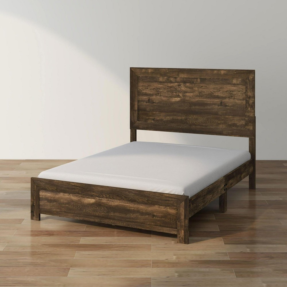 Bed - Walnut Finish Solid Wood Panel Platform Bed - QUEEN
