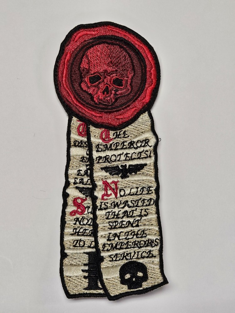 Grim Dark Purity Seal Wax & Scroll Embroidered Patch Hook Back Warhammer 40k