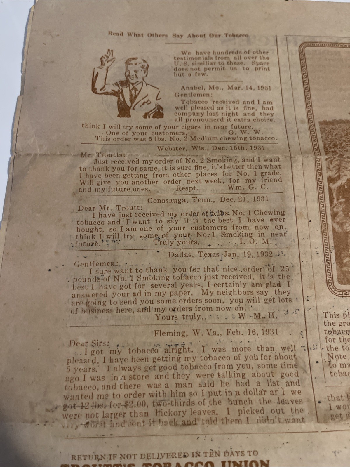 1920s letter from L.O. Troutt of Troutt's Tobacco Union To Long Lost Customer