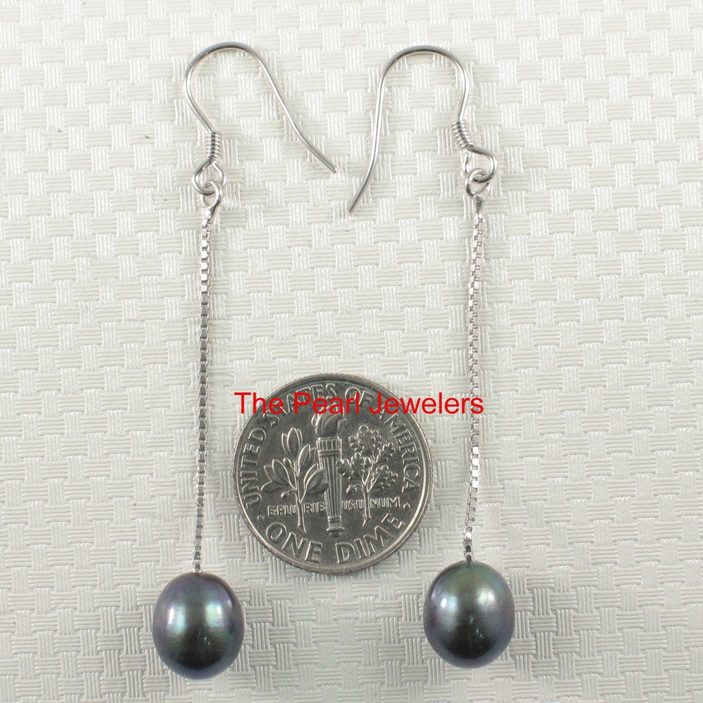 Solid Silver 925 Box Chain Hook Black Cultured Pearl Dangle Earrings-TPJ