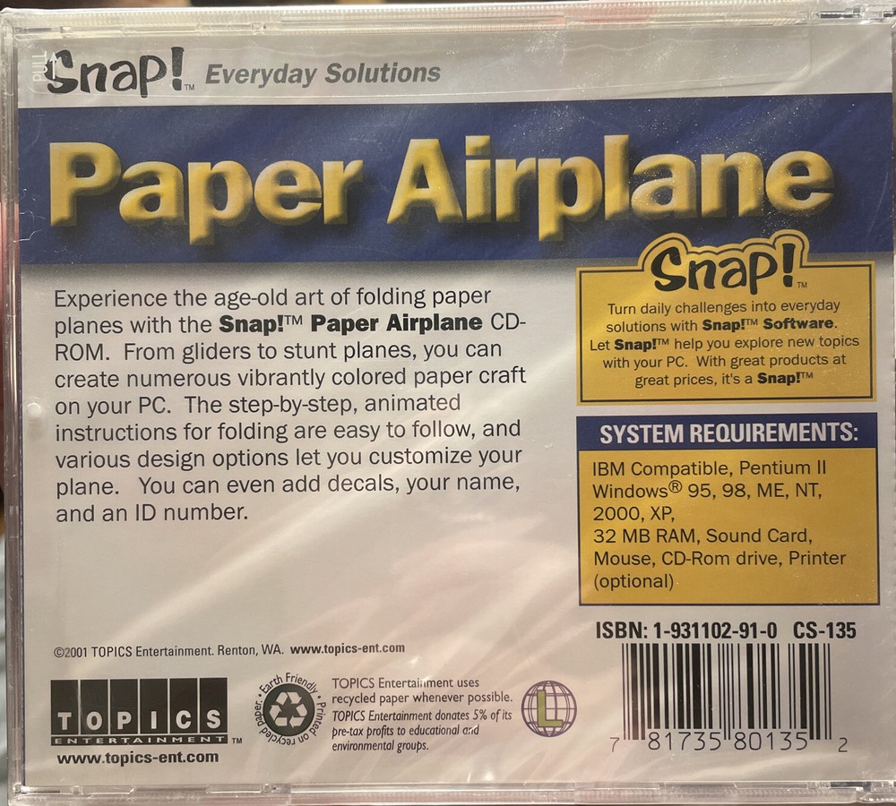 Snap! Everyday Solutions Paper Airplane CD ROM Software Customize Your Plane NIP