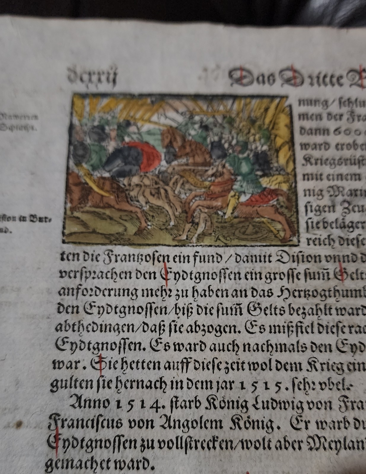 1588 German Manuscript Book Page Hand Colored War Burned At Stake 1500s Ephemera