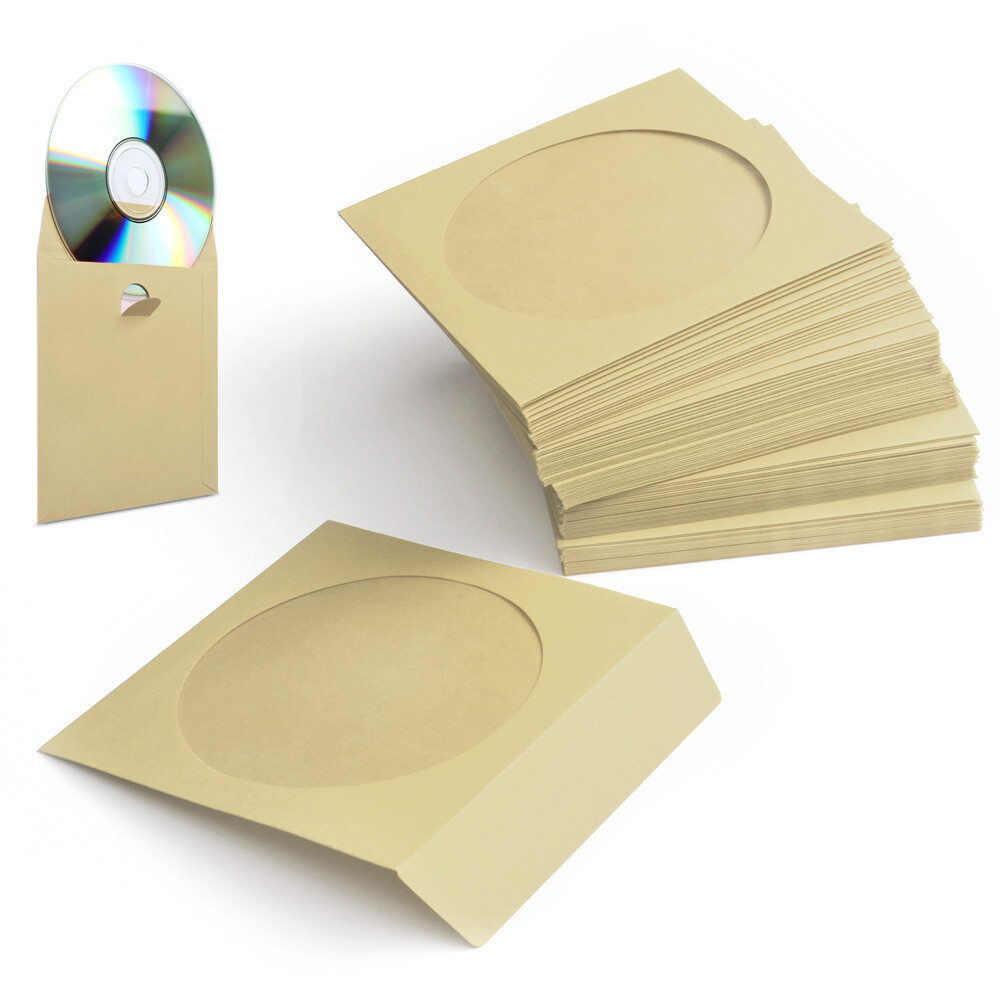 100 Pack CD DVD Thick Paper Sleeves Envelope Case with Window Cut - Beige
