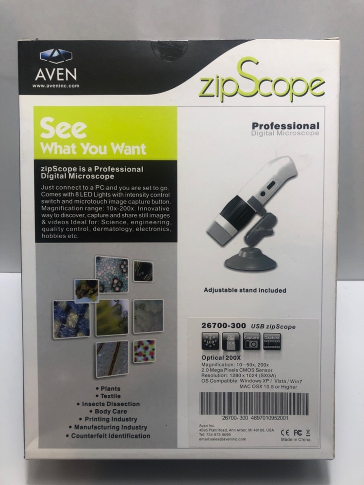 Aven 26700-300 ZipScope USB Digital Microscope with 2 Mega-Pixel 10x-50x Optical