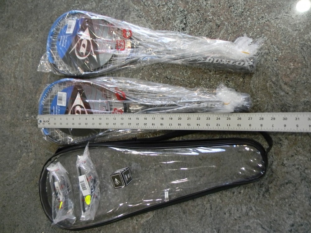 Pair Dunlop Grey/Blue Squash Lite Ti Racquets, Python Intro 2k Eyeguards, & Ball
